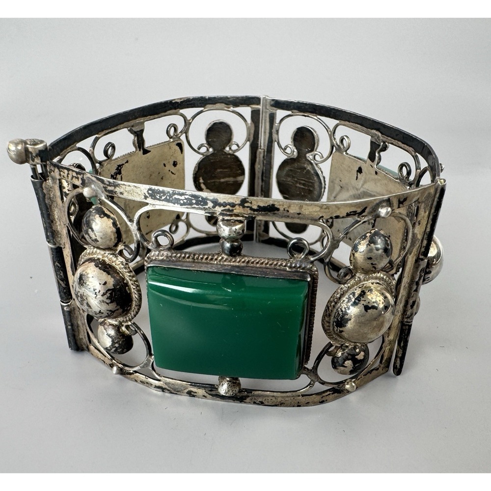 Silver Chrysoprase Chalcedony Hinged Panel Bracelet 6.75" 45.95g 1930s - 1950s